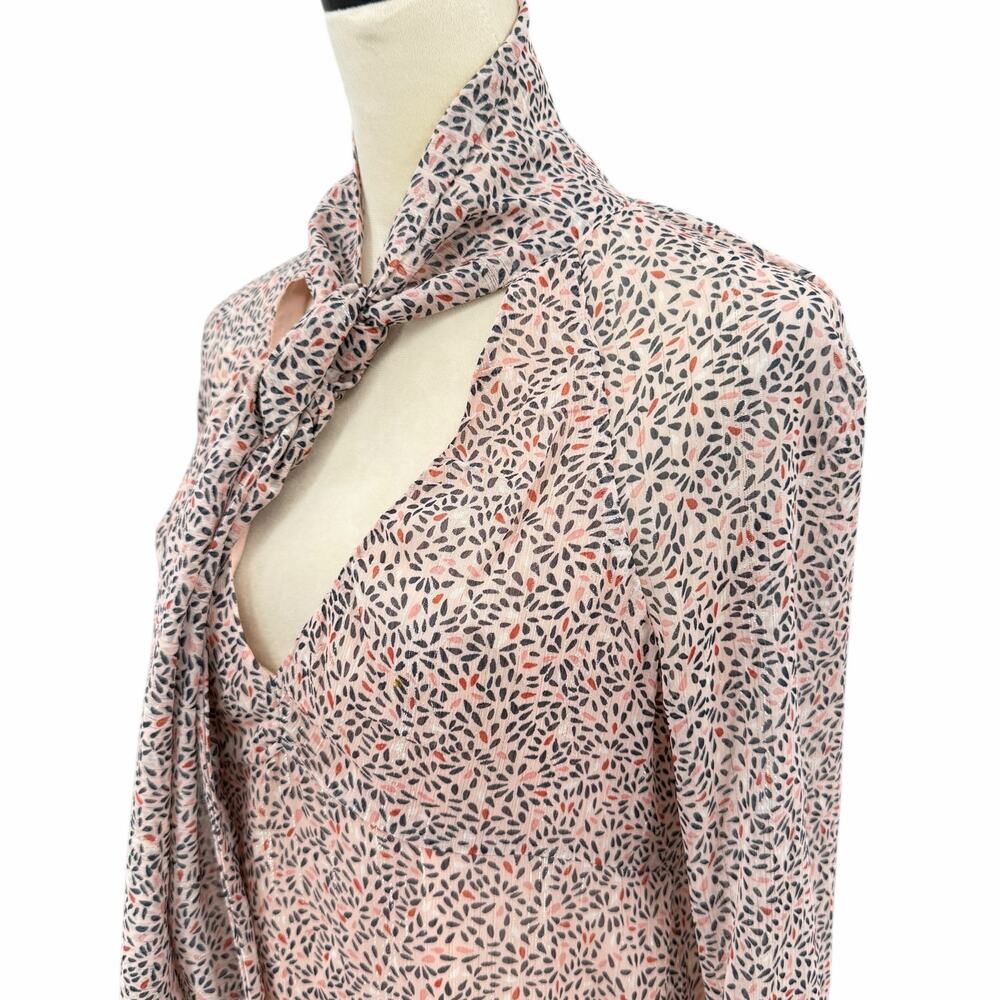 BCBGeneration Blush Floral Chiffon Metallic Neck Tie Long Sleeve Mini Dress - Picture 5 of 10
